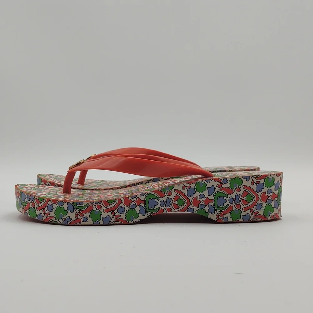 Tory Burch Wedge Flip Flop Sandals Paisley Cut Out Coral 6 Boho Resort Lounge